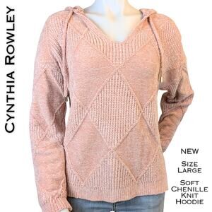 NEW Cynthia Rowley Sweater Hoodie Large Pink Chenille Textured Diamond Knit Soft